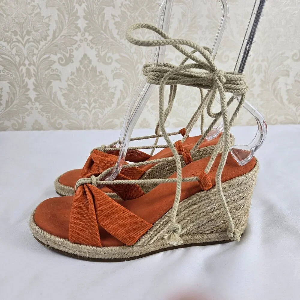 Lauren Ralph Lauren Size 8B Amelie Orange Lace Up Sandals Espadrille Wedge Heels